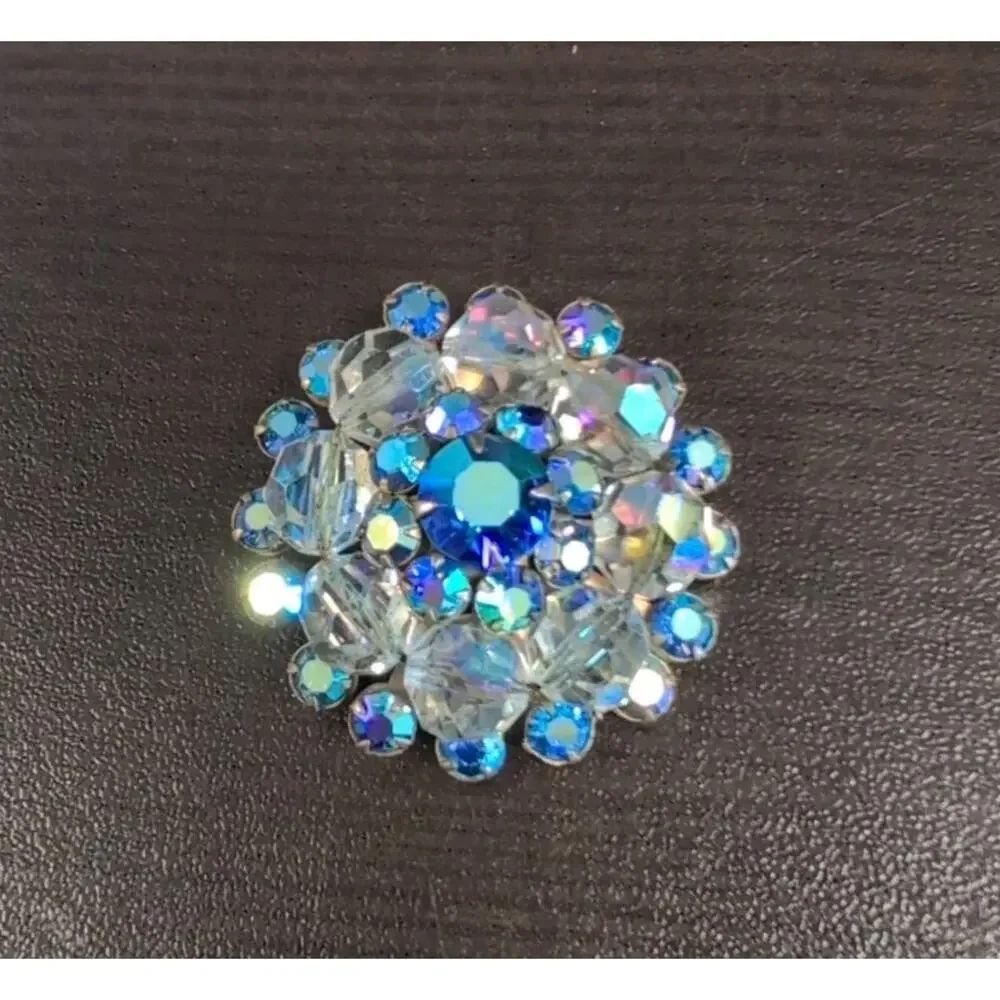 Vintage Blue Aurora Borealis Rhinestone Crystal Bead Flower Brooch Silver Tone